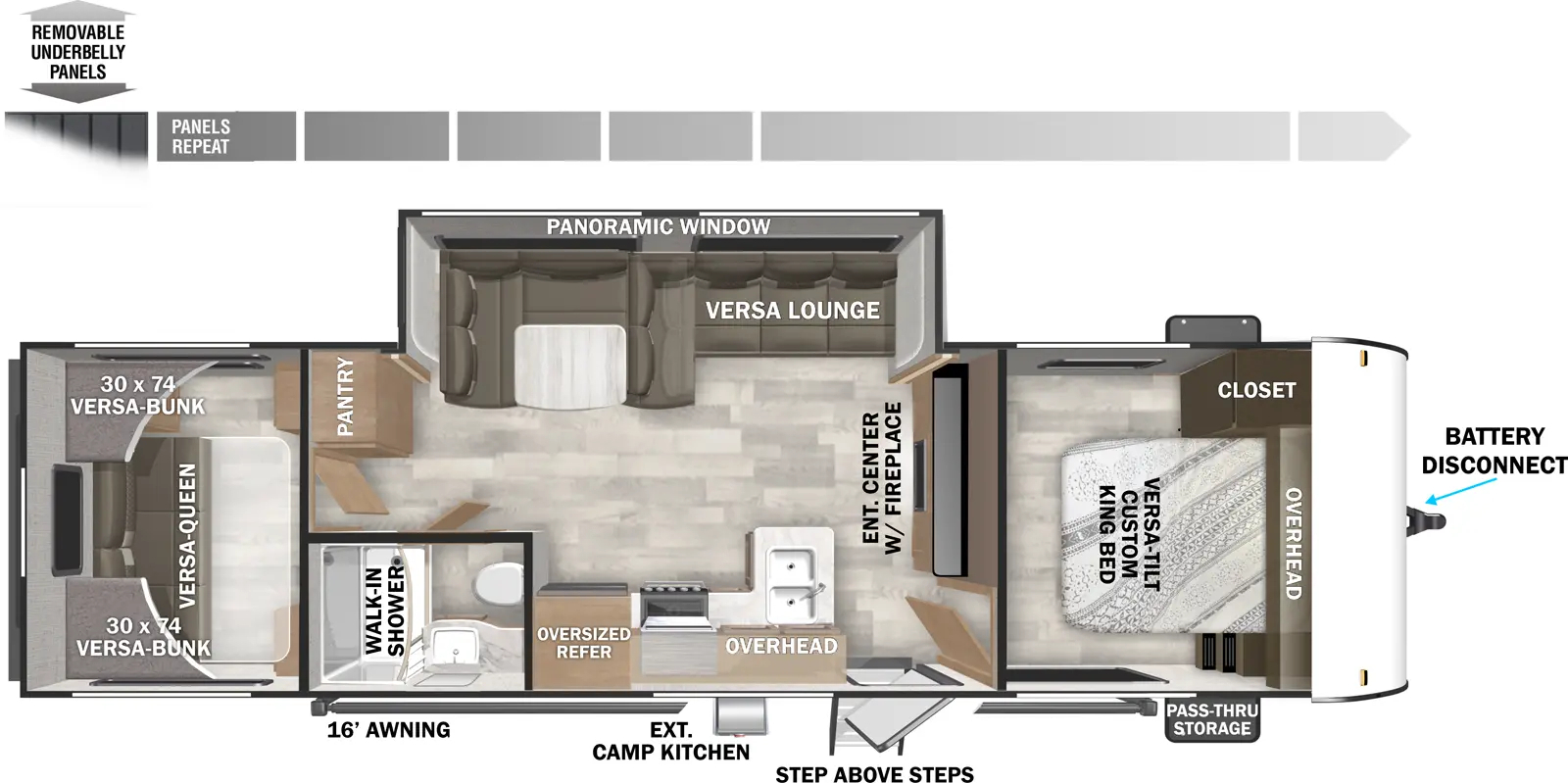 The Evo Southwest T2800BHL floorplan has one entry and one slide out. Exterior features include: metal exterior, 16' awning and outside kitchen. Interiors features include: bunk beds, u-dinette and front bedroom.